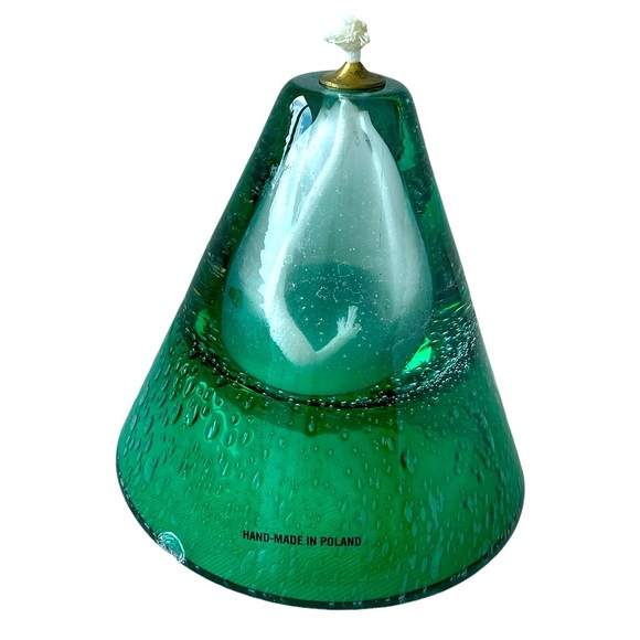 Vintage Oil Lamp Hand Blown Art Glass Emerald Green Bubbles Poland Triangle - Picture 4 of 7